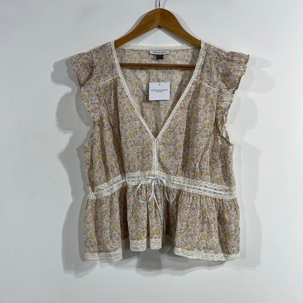 American Eagle Babydoll Y2K Cottagecore Floral Lace Trim Peplum Boho Top XL
